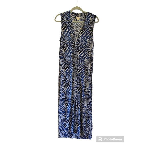 H&M Size 2 Midi Dress Blue Leaf‎ Print Floral V-NECK Long Casual Women’s - Picture 1 of 8